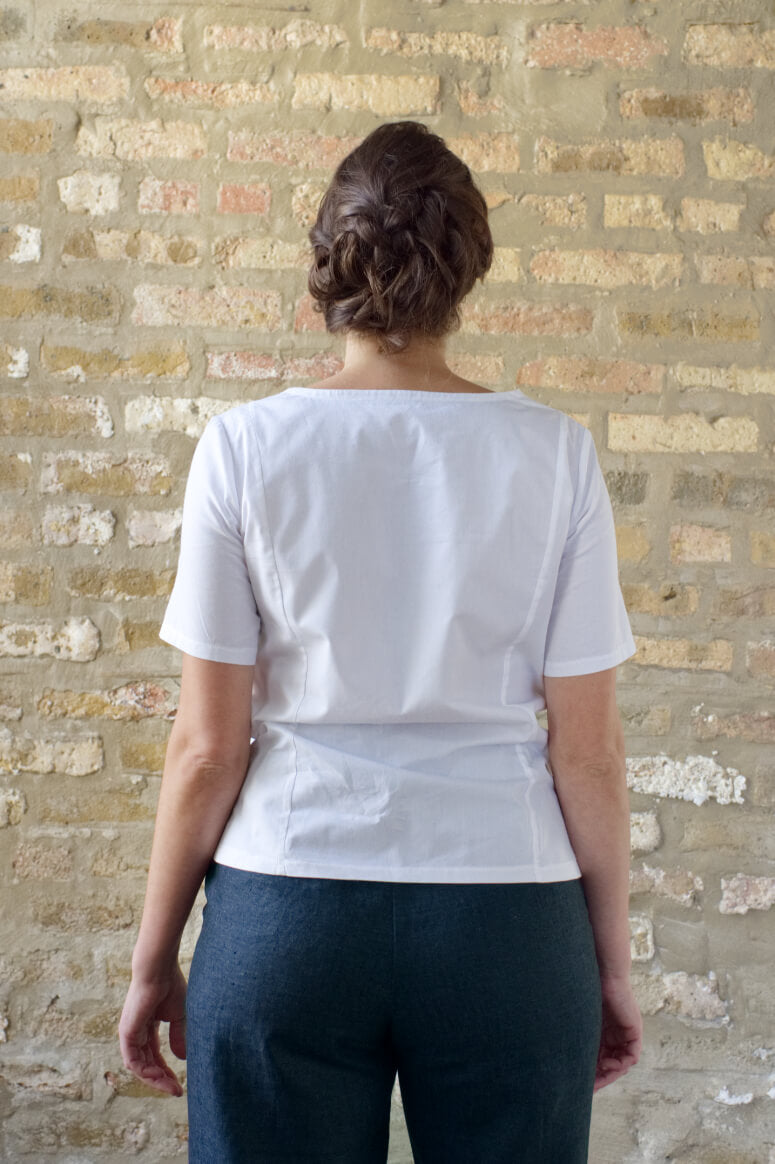 Taylor Tall back view of structured top in white for tall women